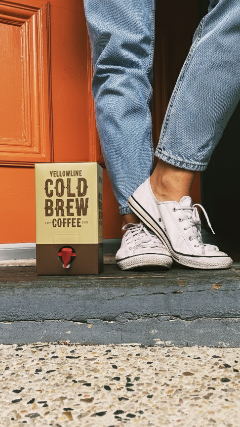 Person stepping onto a concrete surface with an orange door in the background