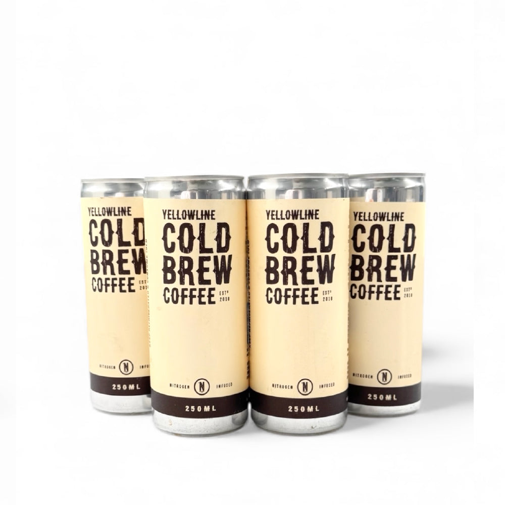 Four cans of Yellowline Cold Brew Coffee on a white background