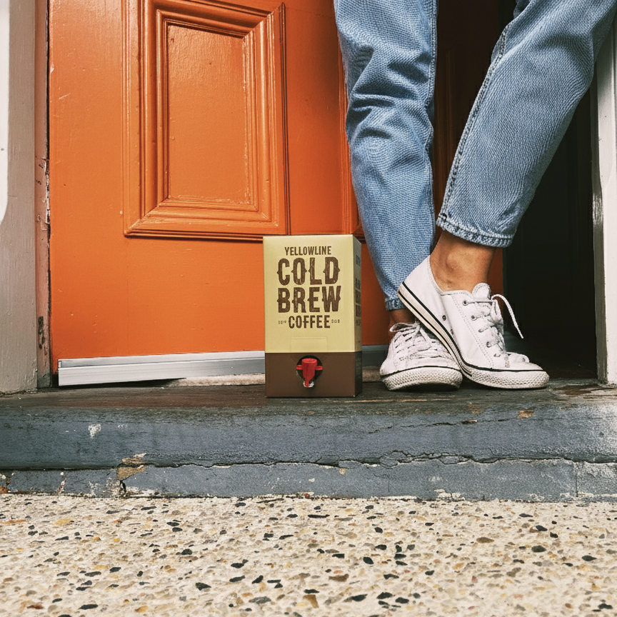 Person stepping onto a concrete surface with an orange door in the background
