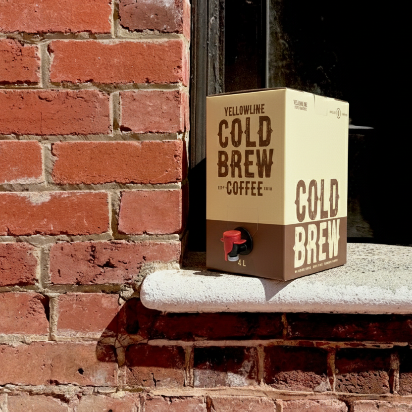 Box of Yellowline Gold Brew Coffee Cold Brew on a brick ledge